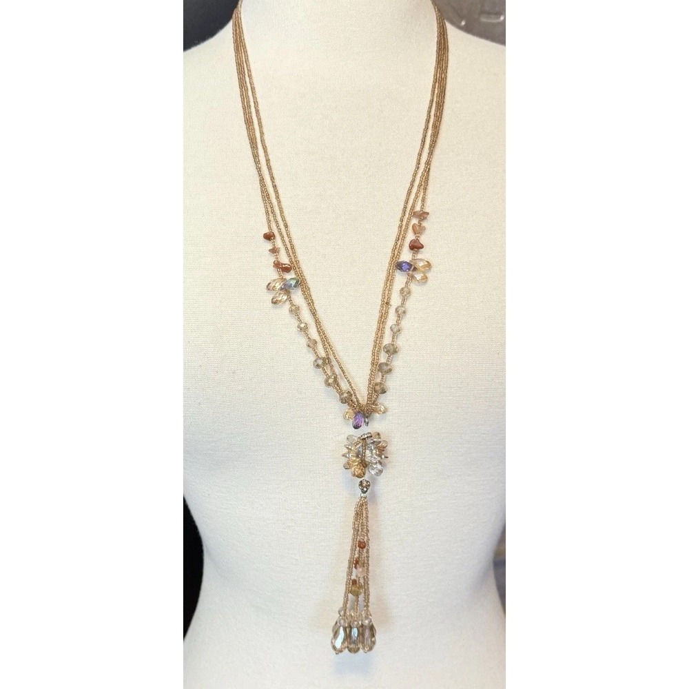 Long Multi-Strand Champagne Beaded Necklace Spinning Crystal Cluster Tassel
